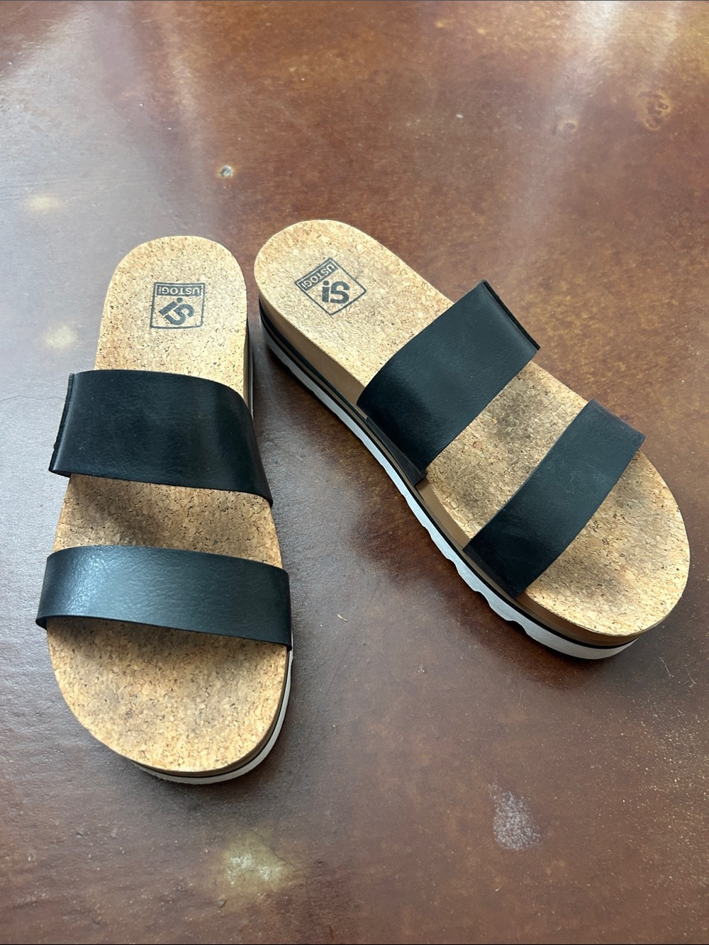 Women's Black Dual-Strap Cork Platform Slide Sandals